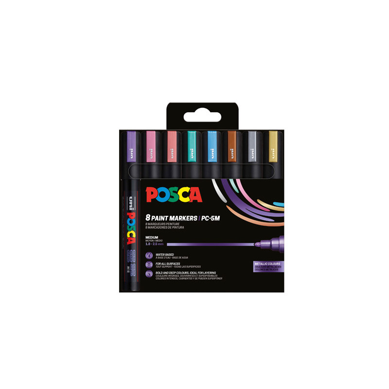3296280021737 - POSCA PC-5M 8 MARQUEURS COLORIS MÉTAL ASSORTIS