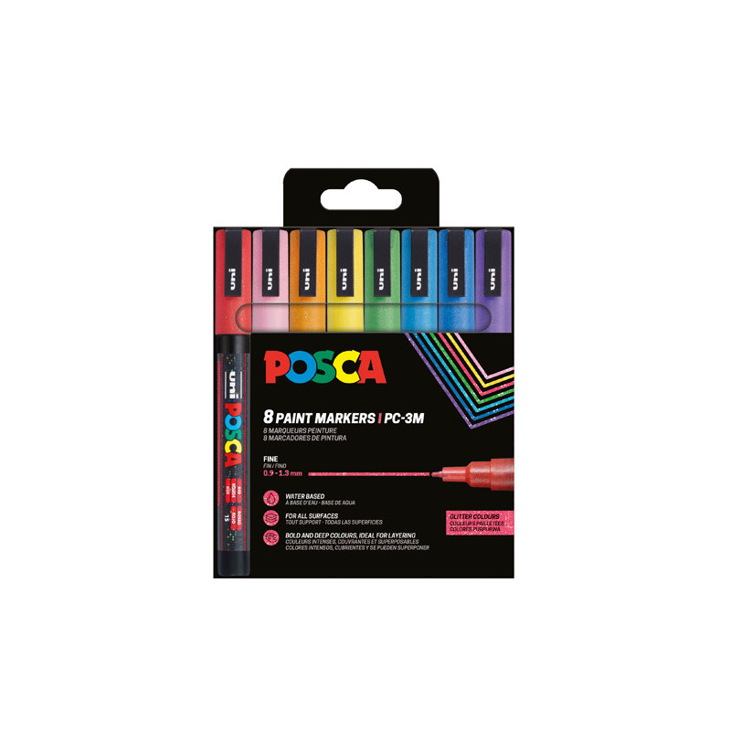 3296280034140 - POSCA PC-3M 8 MARQUEURS COLORIS PAILLETÉS ASSORTIS