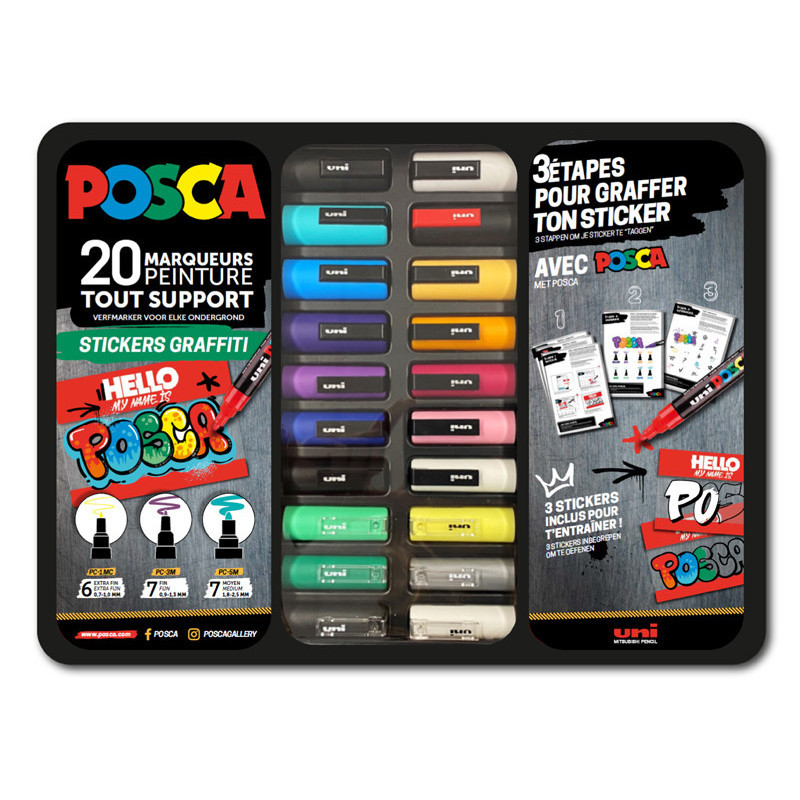 3296280048956 - POSCA MALLETTE METAL DE 20 MARQUEURS STICKERS GRAFFITI