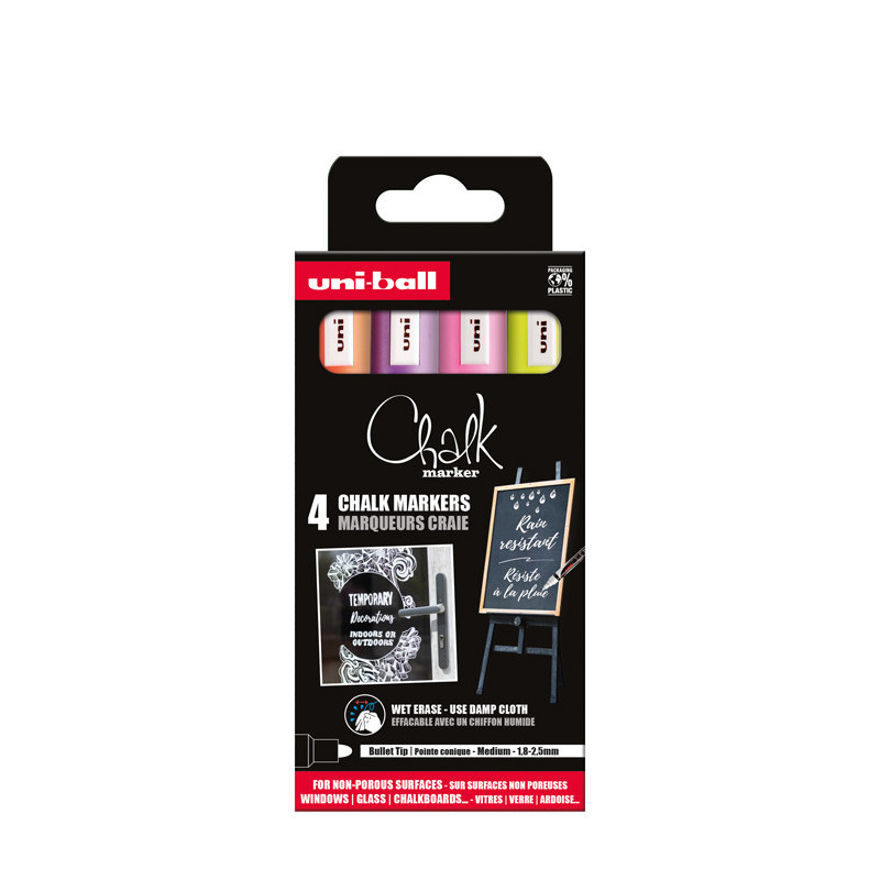 3296280046792 - UNI-CHALK 4 MARQUEURS POINTE CONIQUE MOYENNE COLORIS FLUOS ASSORTIS