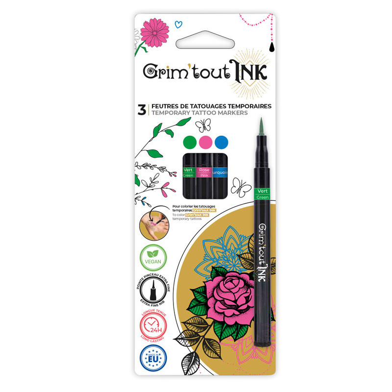 3700010425219 - 3 FEUTRES DE TATOUAGE TEMPORAIRE COLORIS CLAIRS ASSORTIS