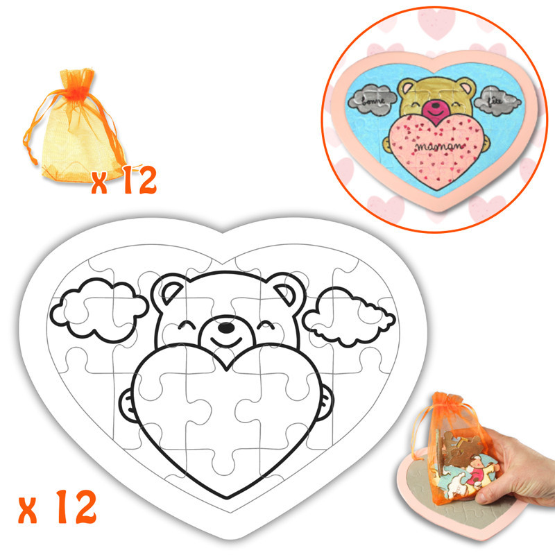 3134725023529 - 12 PUZZLES CŒURS CARTON IMPRIMES + 12 POCHONS
