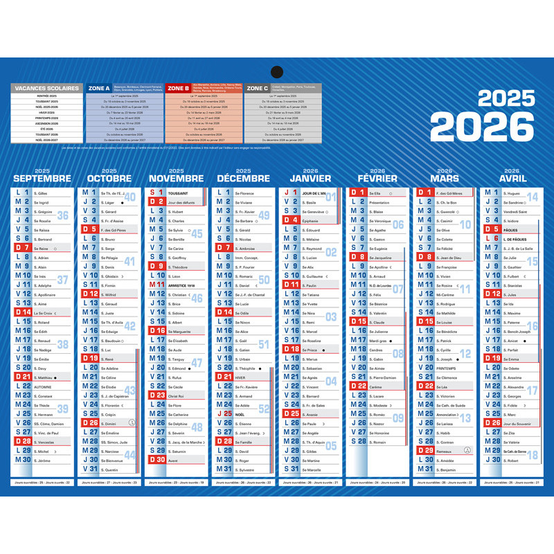 3592930028157 - CALENDRIER PETIT FORMAT 21X27CM SEPTEMBRE/DÉCEMBRE CLASSIQUE 16 MOIS MINI