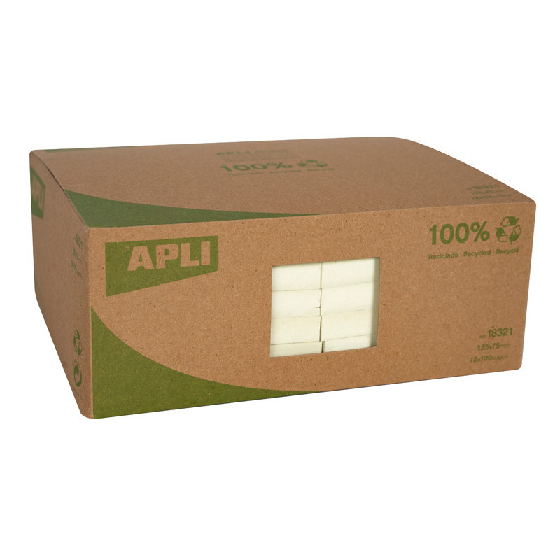 8410782183211 - 12 BLOCS 100F NOTES REPOSITIONNABLES 100% RECYCLÉ 75X125 JAUNE