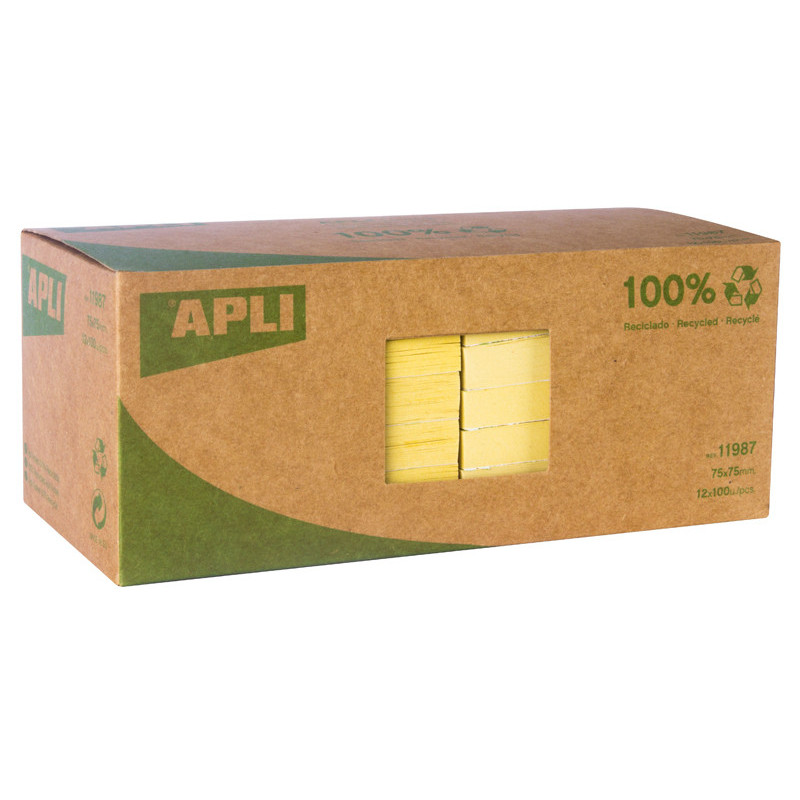 8410782119876 - 12 BLOCS 100F NOTES REPOSITIONNABLES 100% RECYCLÉ 75X75 JAUNE