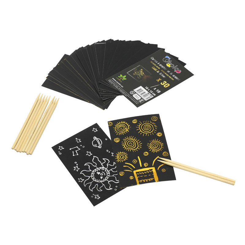3700773321674 - 30 CARTES A GRATTER METALLISEES 10X15CM OR OU ARGENT + 10 BATONNETS