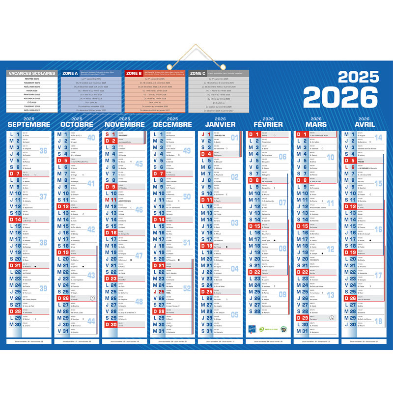 3371017524665 - CALENDRIER GRAND FORMAT 40,5X55CM SEPTEMBRE/DÉCEMBRE CLASSIQUE 16 MOIS