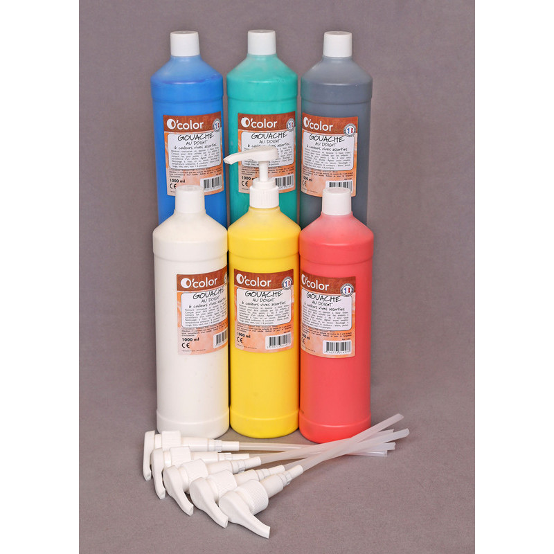 3700773314577 - 6 FLACONS GOUACHE AUX DOIGT 1000ML COLORIS ASSORTIS + 6 POMPES OFFERTES 5ML