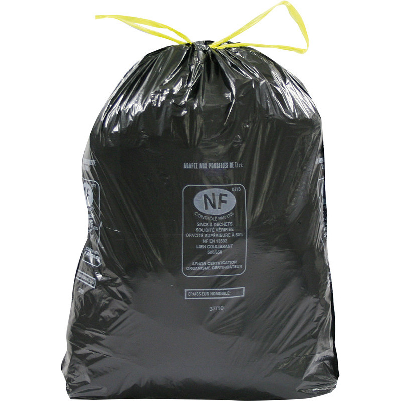 20 SACS PLASTIQUE 50L NOIR LIEN COULISSANT NF