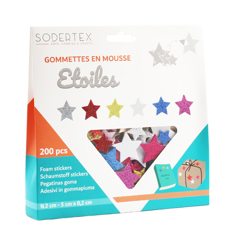3701385300385 - 200 ETOILES PAILLETÉS CAOUTCHOUC ADHÉSIF 6 COLORIS ASSORTIS